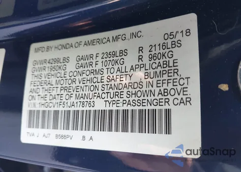 2018 Honda Accord Ex-L z USA, uszkodzony, nr VIN 1HGCV1F51JA178763